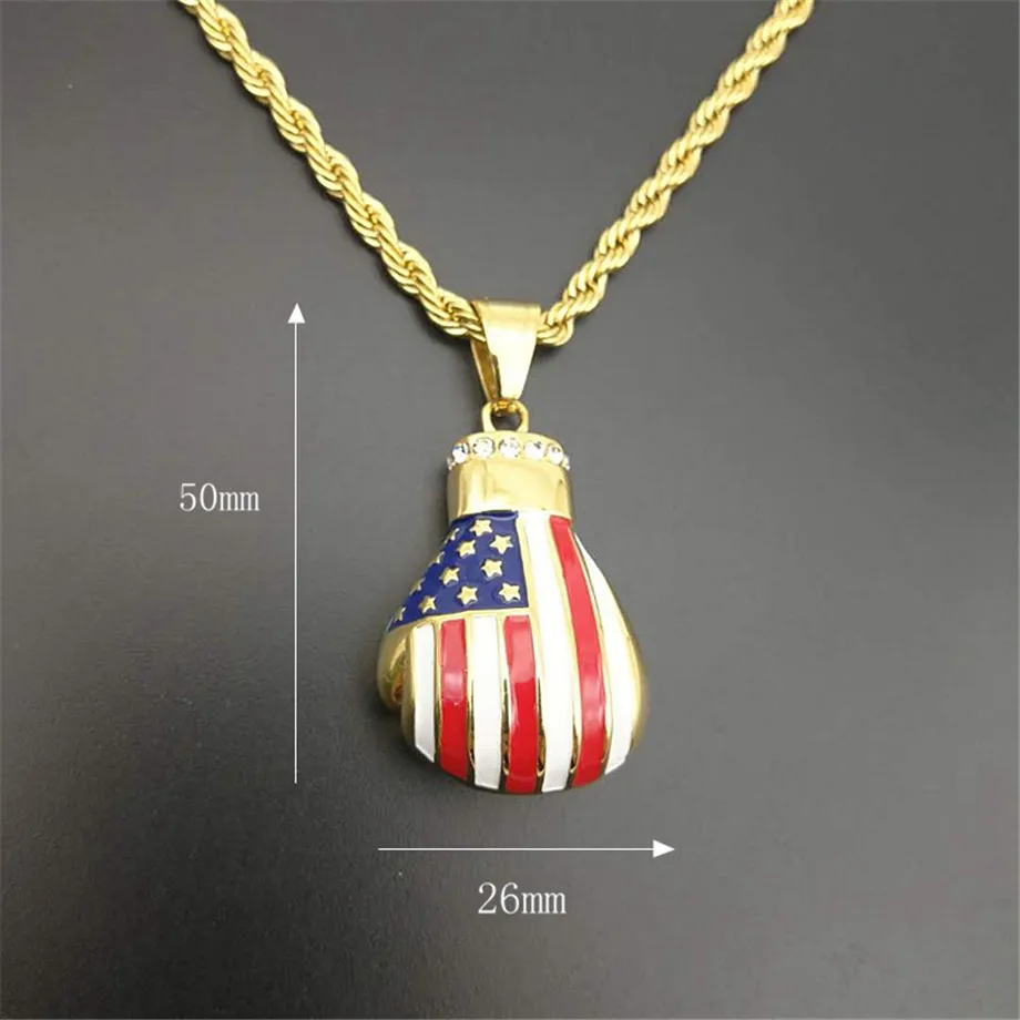 Hip Hop National Flag Boxing Gloves Pendant Necklace Rhinestone Necklace for Men