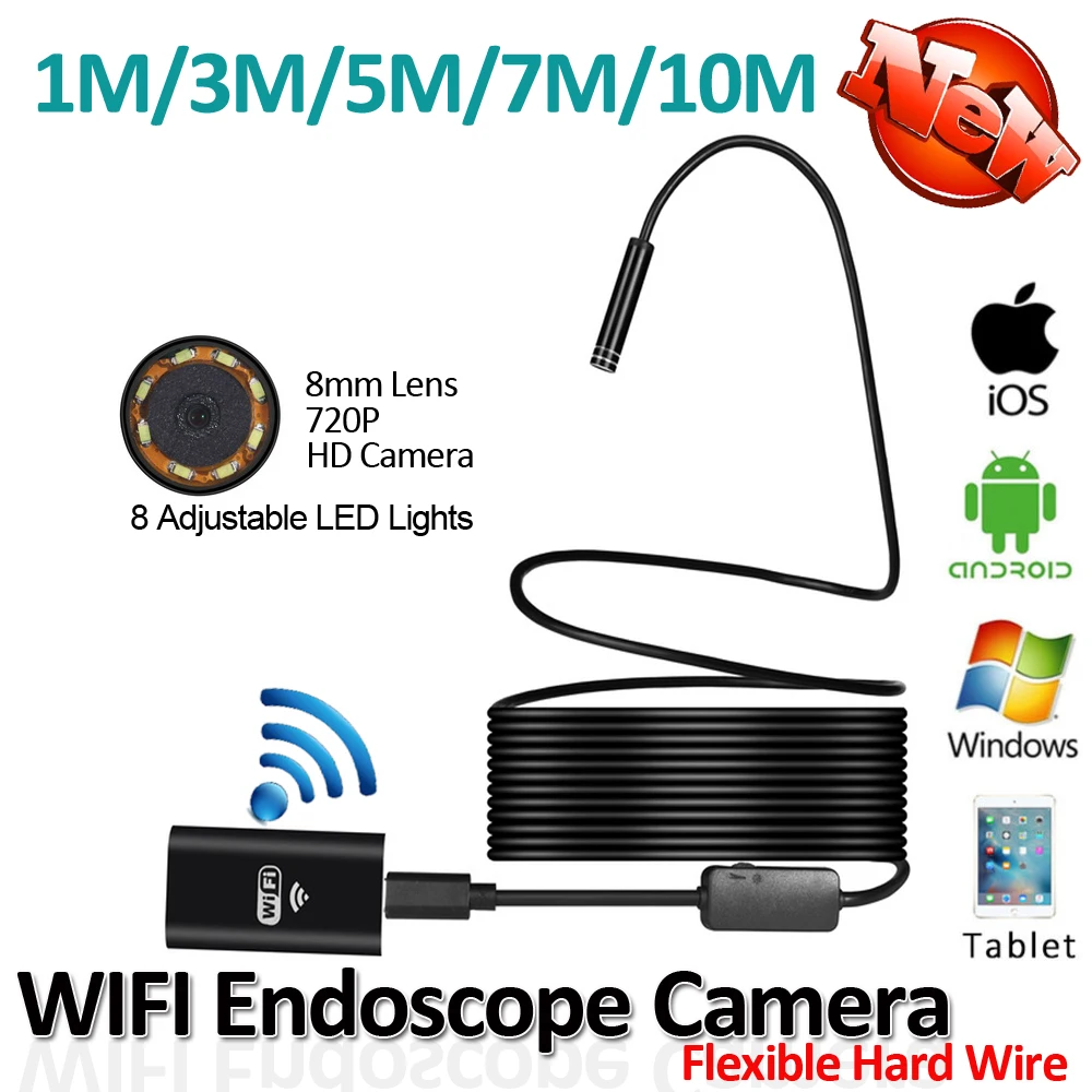 8LED 10M Hard Flexible Snake USB WIFI Endoscope Camera HD720P 8mm OD