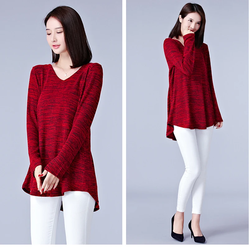 Vintage Women Basic Tee Shirt New 2019 Spring Long Sleeve V-Neck Female Medium Tops Bigsweety |