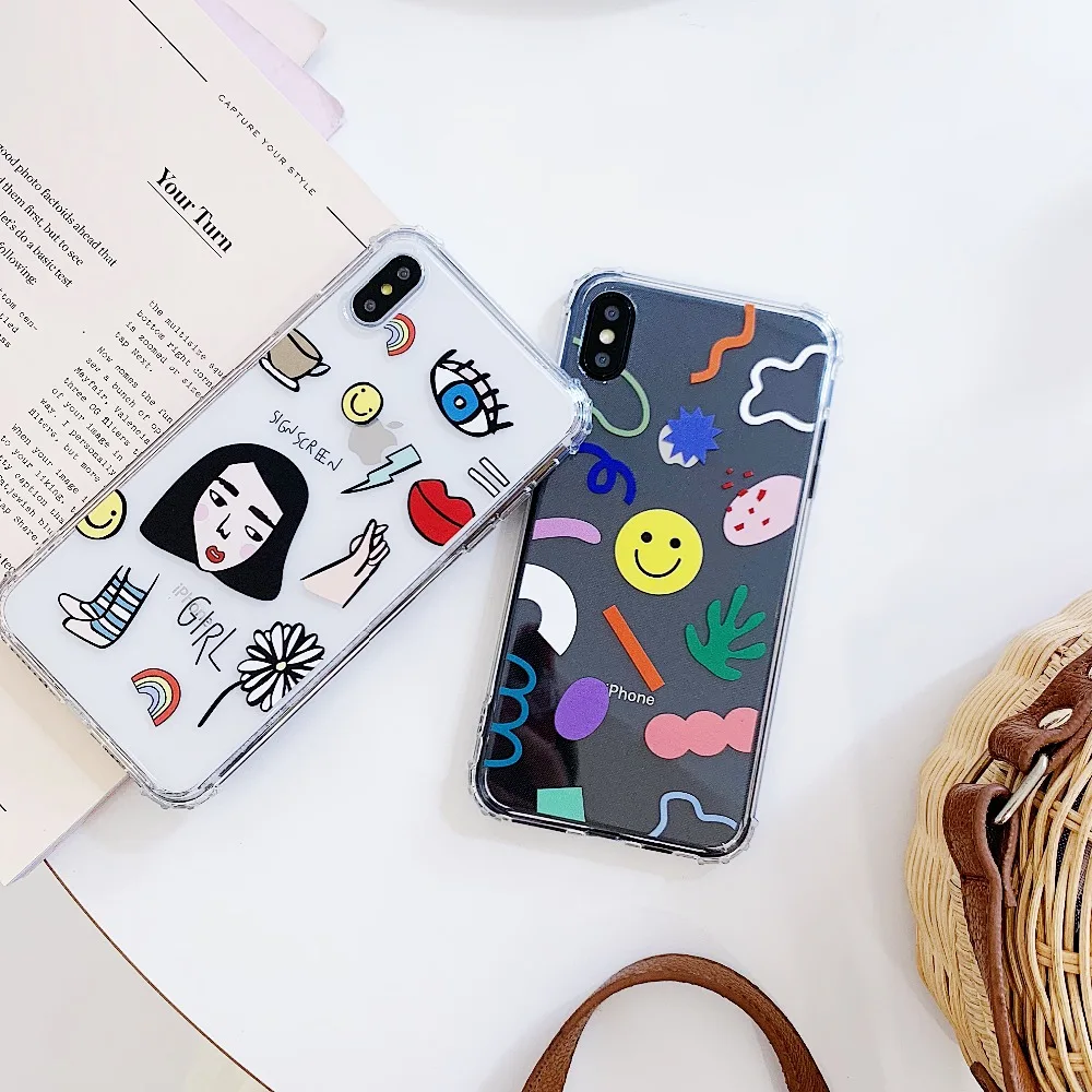 

Fashion Delicate Girl Smiley Face Anti-knock Corner Transparent TPU Phone Case for iPhone XR XS Max X 8 7 6s 6 Plus Cover Fundas