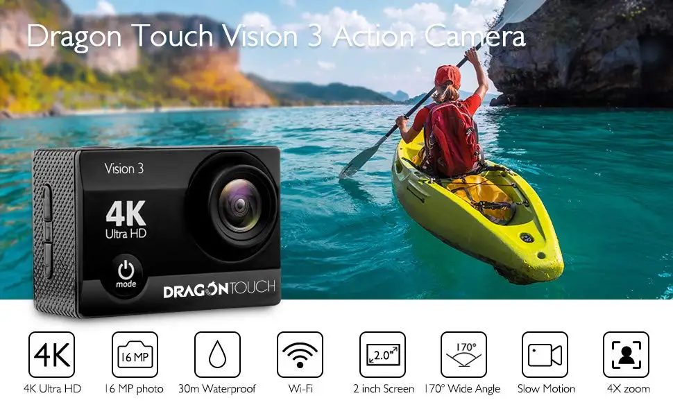 Dragon Touch 4K Экшн-камера 16MP Vision 3 Подводная Водонепроницаемая камера 170 ° широкоугольная WiFi Спортивная камера с пультом дистанционного управления