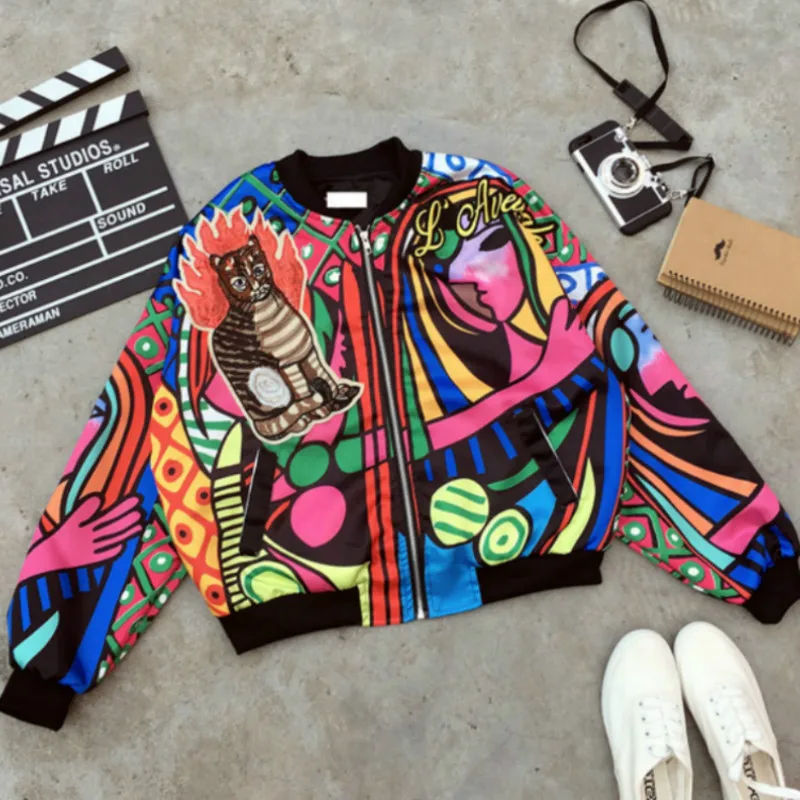 

Harajuku Graffiti Embroidery Sequins Coat Baseball Jacket High Waist Zipper Cardigan Loose Beading Cartoon Cat Hit color Bomber
