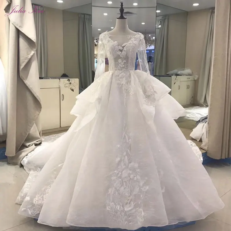 Юлия Куй Robe De Mariage длинный рукав с пуговицами на спине ТРАПЕЦИЕВИДНОЕ свадебное платье Элегантная аппликация Совок длинное, кружевное до пола Свадебное платье