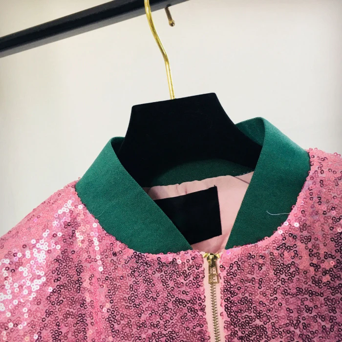 Women Autumn Sparkly Sequin Bomber Jacket Front Zip Up Long Sleeve Casual Coat Patchwork Ribbed Cuffs Party Jacket Coats