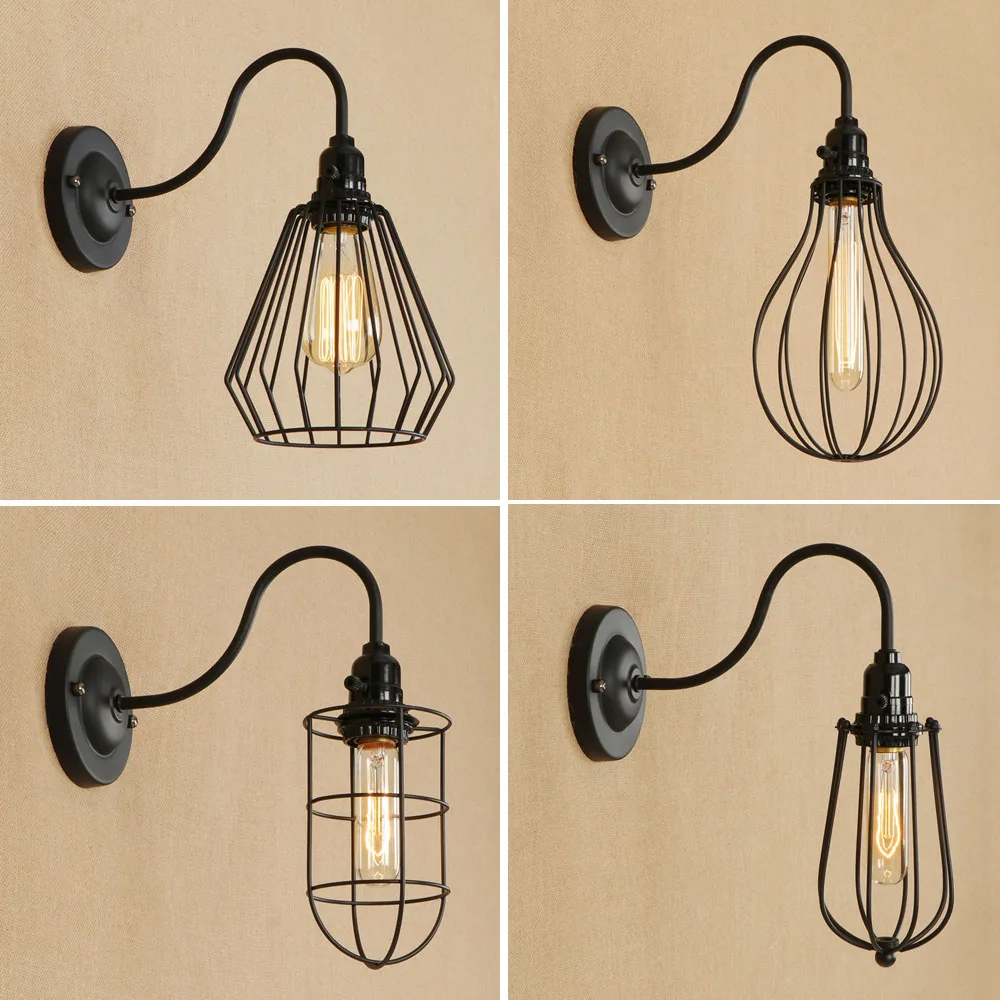 

Vintage led indoor wall lamps iron cage shade edison bulb retro industria home lighting fixture for Balcony aisle bedroom beside