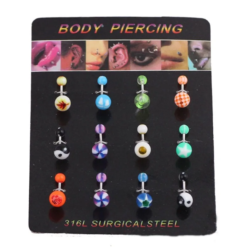 

12 PCS/ Lot Cheap Acrylic & Surgical Steel Belly Button Rings 1.6*10mm Navel piercing Belly Piercing Nombril Piercing Ombligo