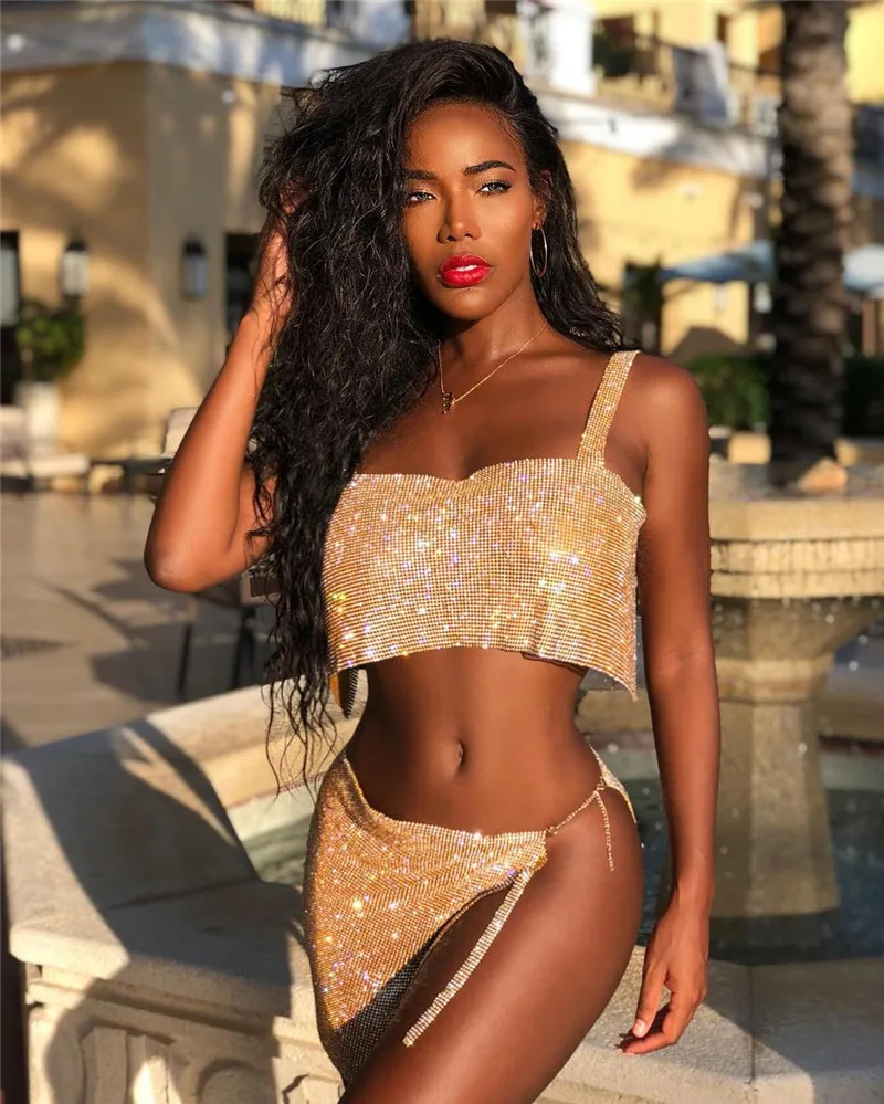 

Backless Rhinestone Crystal Chain Mesh Crop Top and Skirt Sparkly Club Party Night Outfit Sparkly Set Evening Wear Slit Skirt