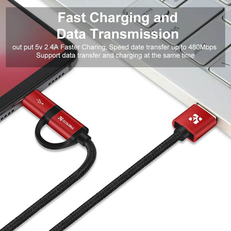 Coolreall 2.4A Micro USB Cable 2 in 1 USB Type C Fast Charging Data USB C Charger Cable for Samsung Xiaomi Oneplus Huawei P9