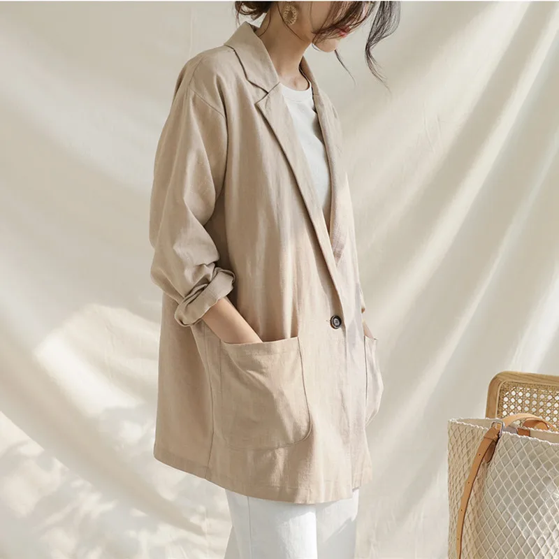 Khaki Корейский стиль, женские блейзеры и куртки, Летний льняной Повседневный однотонный пиджак на пуговицах для, Ретро стиль, Ins, шикарное Женское пальто - Цвет: Khaki