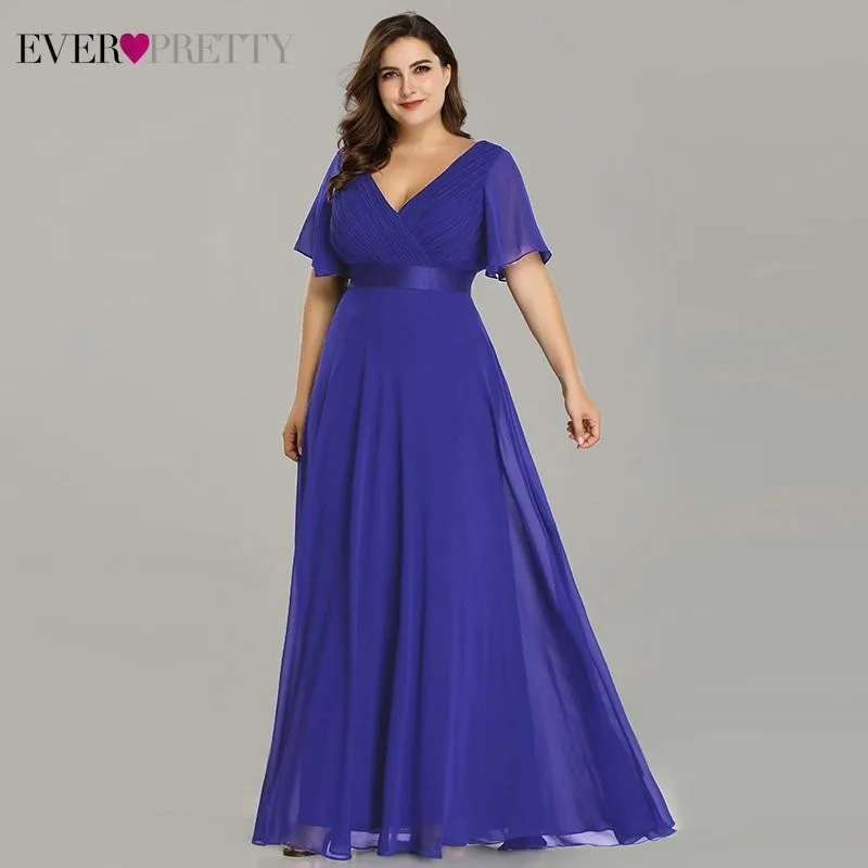 Saphiree blue Вечерние платья размера плюс Ever Pretty EP09890, элегантное шифоновое вечернее платье с v-образным вырезом и оборками, вечернее платье, платье для вечеринки, Robe De Soiree - Цвет: Saphiree blue