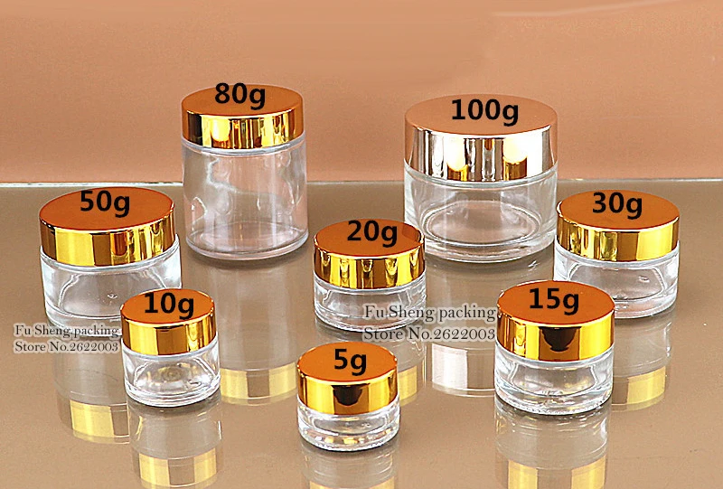 Gold cap+clear glass 5g 10g 20g 30g 50g 100g transparent glass jars cosmetics Glass Cream Jars