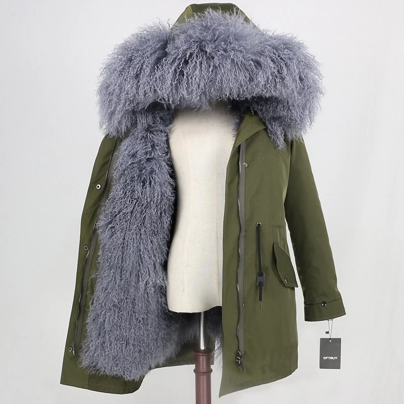 green grey Натуральная монгольская овечья шуба Женская длинная парка зимняя куртка съемная водонепроницаемая верхняя одежда роскошный бренд уличная одежда - Цвет: green grey
