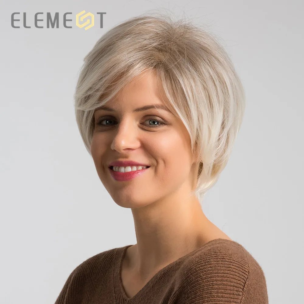 Элемент 6 дюймов короткий синтетический парик для женщин левая сторона пробор Омбре серый до белый высокая температура замена волос парики