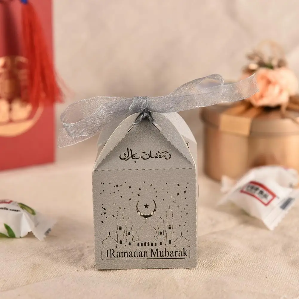 Gray 50 шт. Золотой Серебряный Eid Mubarak бумажные подарочные коробки для конфет сумки Рамадан подарочные коробки для хранения Happy Eid Mubarak исламские вечерние украшения - Цвет: Gray