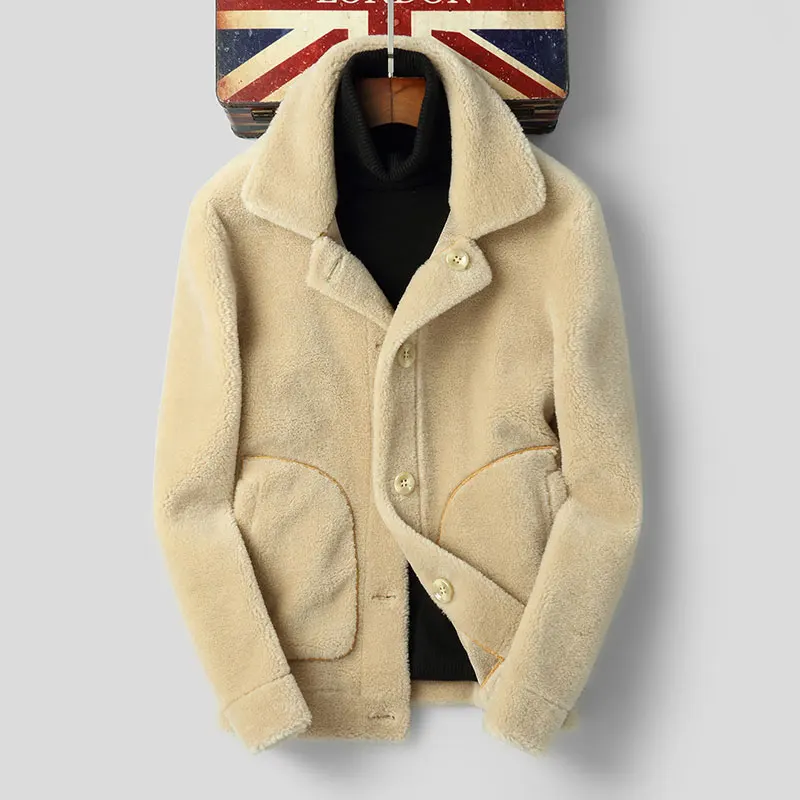 Beige Пальто с натуральным мехом, мужская куртка из шерсти, осенне-зимние пальто и куртки для стрижки овец, Двусторонняя одежда, F-DH-80810, YY135 - Цвет: Beige