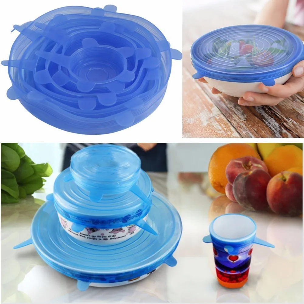 

Gift 6Pcs/Set Silicone Stretch over The glass Cover Fresh Fruit Cup Fresh Copper Cup Silicone Sleeve Pan Kitchen Vacuum 54090