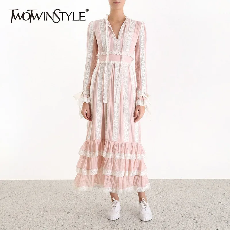 

TWOTWINSTYLE Elegant Lace Patchwork Women Dress V Neck Flare Sleeve High Waist Bandage Ruffles Midi Dresses Female Fashion 2019