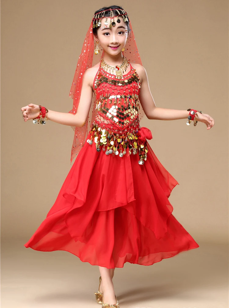 Комплект из 5 шт. для девочек, костюмы для танца живота, детские индийские танцевальные платья, Детские Танцевальные Костюмы Болливуда для