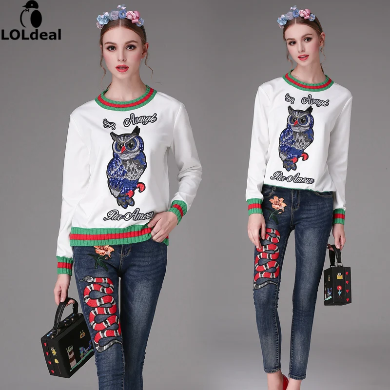 

2017 spring nail bead embroidered coral snake embroidered jeans trousers for women