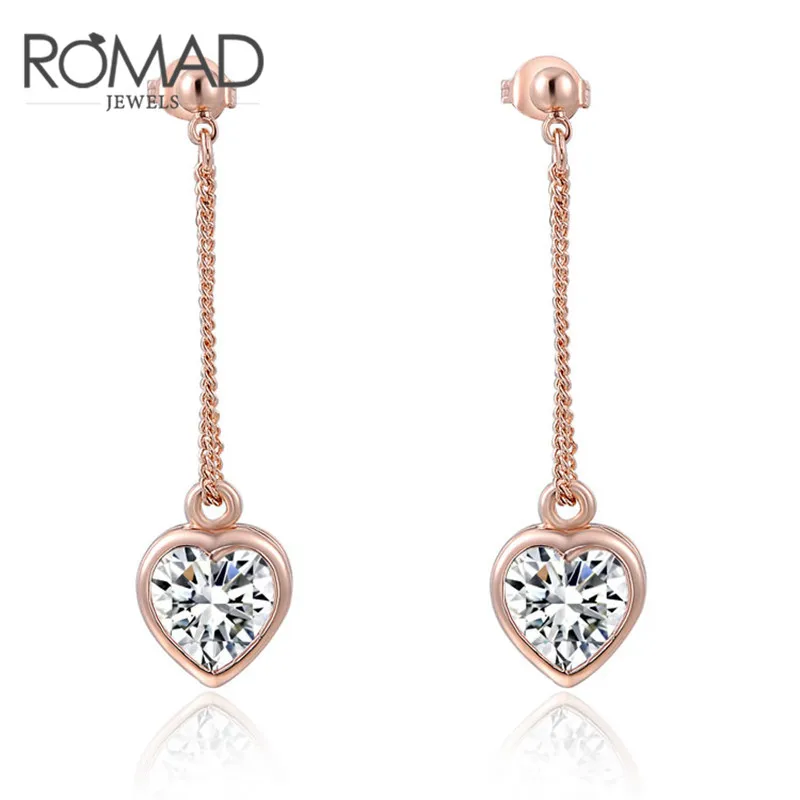 

ROXI ROMAD Brand Rose Gold Color Heart Drop Earrings For Women Austrian Crystal Long Chain Dangle Earrings Wedding Jewelry Gift