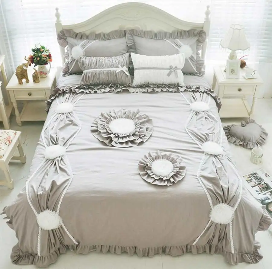 

Princess gray white pink green bed set girl,twin full king queen fairyfair home textiles cotton bed dress pillowcase quilt cover
