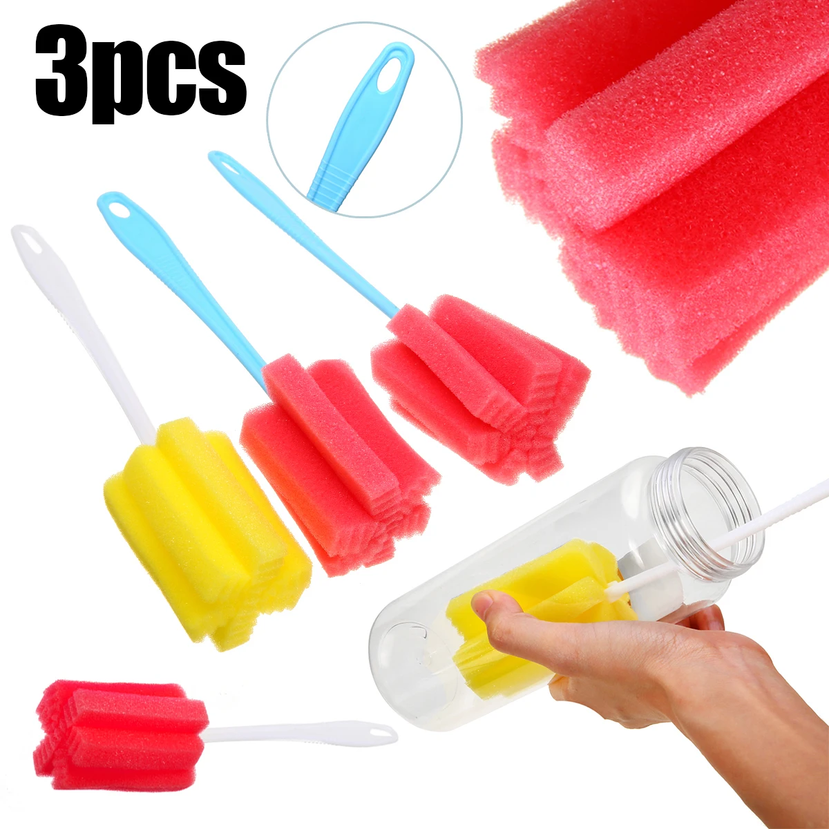 3pcs Multifunction Long Handle Sponge Cleaning Brushes Bottle Glass Cup