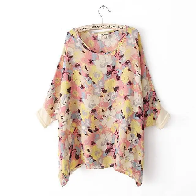 Special Price! 2015 summer New European Style Batwing Sleeve Flower Print Chiffon Blouse Plus Size |