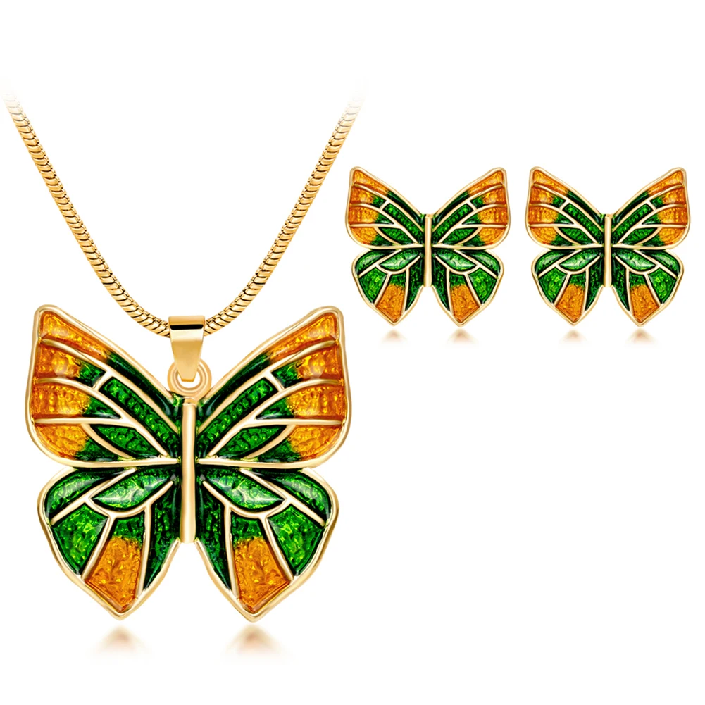 

Charming Butterfly Enamel Pendant Earrings Necklace Cocktail Lady Jewelry Set