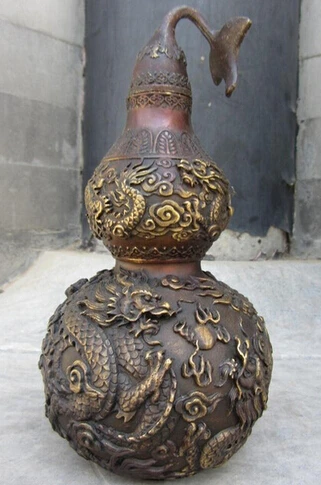 

0China Royal Red Copper Bronze Feng Shui Dragon Play Bead Gourd cucurbit Statue