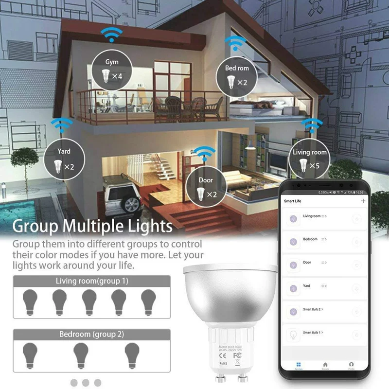 Умная лампа GU10/5,3 RGBW 5W WiFi Led Dimmable совместима с Alexa и Google Home Assistant дистанционное управление со смартфона