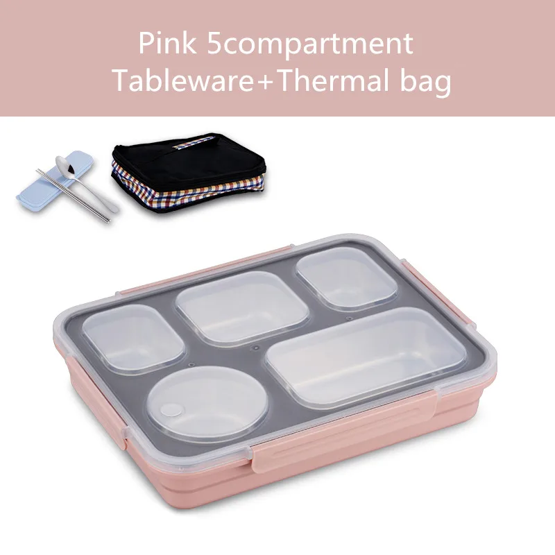 Baispo Leakproof Lunch Box Thermal Bento Box with Tableware Food Container with Compartments For Students Office Worker - Цвет: Pink 5 set