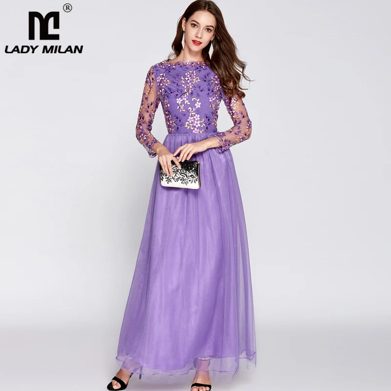

2019 Women's O Neck Long Sleeves Embroidery Fashion Party Prom Dresses Elegant Maxi Runway Dresses