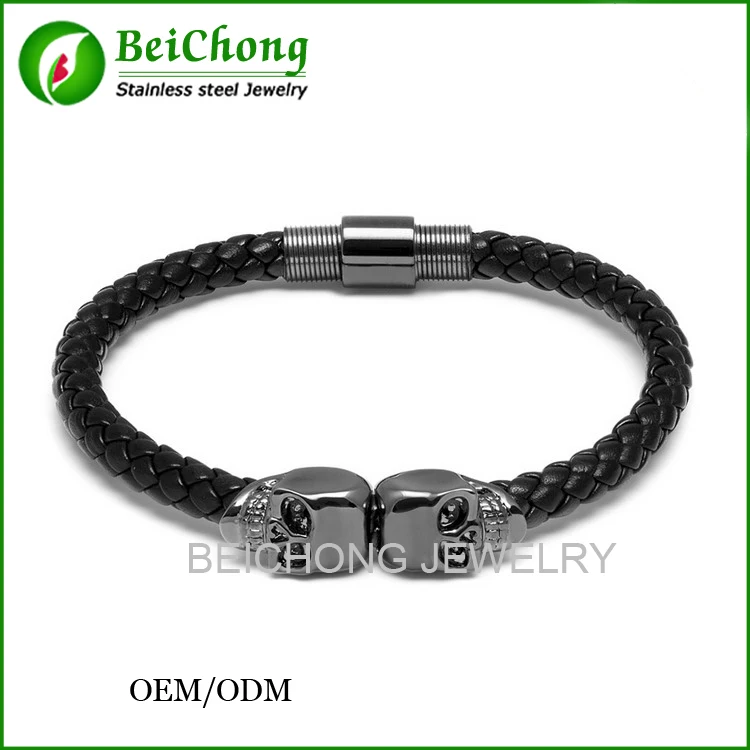

BC GUN Black Twin North Skull Bracelet Genuine Leather Bracelet Stainless Steel Northskull High Quality Free Shipping