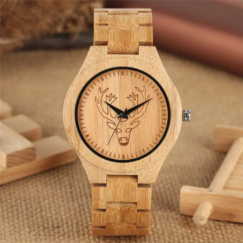

Creative Bamboo Quartz Watch Couple Watches Handmade Super Lightweight Wooden Wristwatch Elk Head Carving reloj para pareja saat