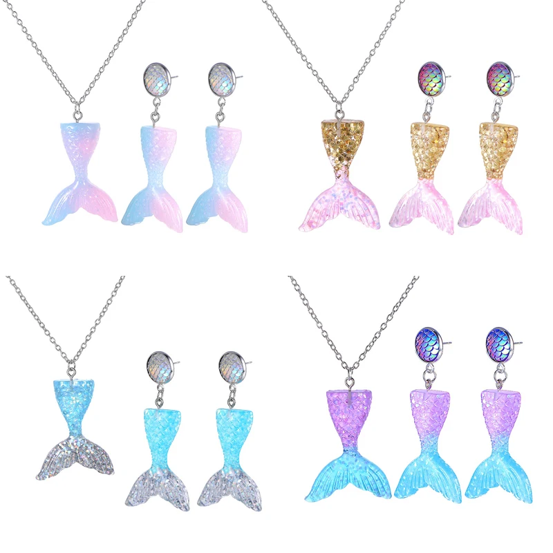 

2PC/lot Mermaid Pendant Earrings Set Resin Fashion Creative Personality Fishtail Earrings Necklace Jewelry Stainless Less Chain