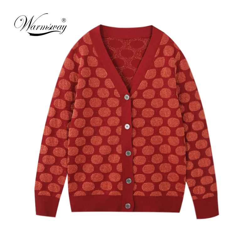 2018 Autumn Coat Fashion Knitwear Designer Top lurex Knit Vintage Polka Dot Red Cardigan Long Sleeve Sweater for Women C-200