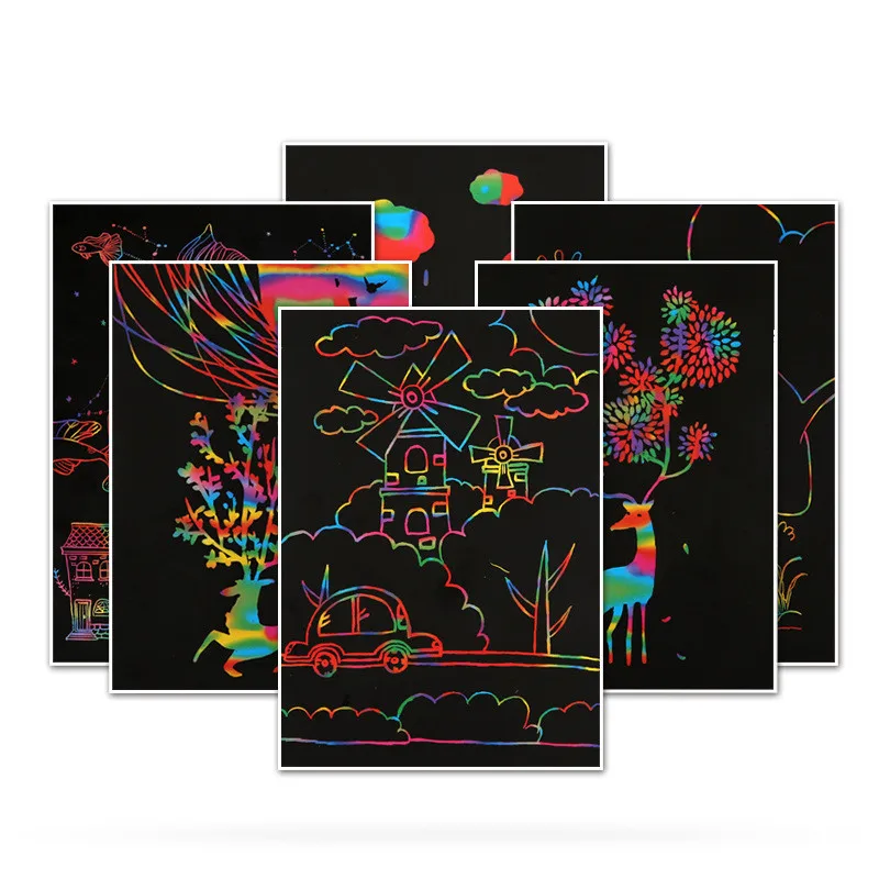 

10pcs Two-in-one Scratch Art Paper Magic Painting Paper with Drawing Stick Scraping Drawing Toys for Children