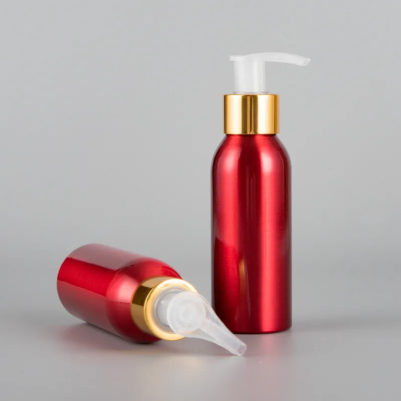 

2 ps 100ml Reuse RED Lotion Bottle Travel Cosmetic Container Make Up Aluminum Metal Refillable Cosmetic Package with Lotion PUMP