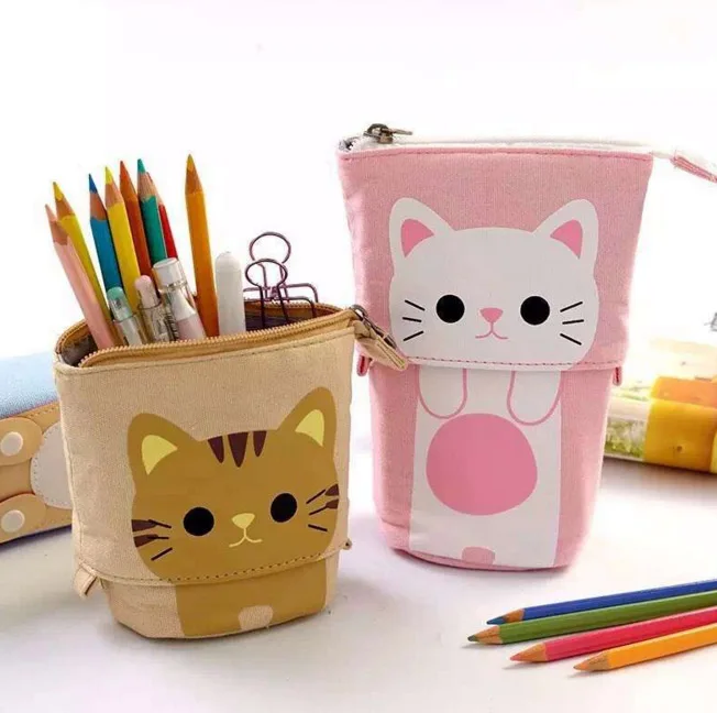 

New Multifunction Pull down canvas Pencil Bag For Students Pen Stand Holder Pencil Case 4pcs/pack school supplies kawaii bag