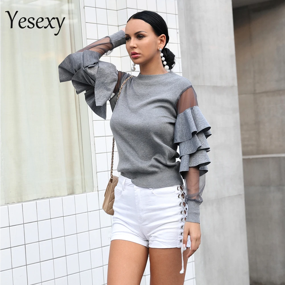

Yesexy 2019 Autumn Winter O Neck Ruffle Long Sleeve Swearter Solid Color Sweater TB0037