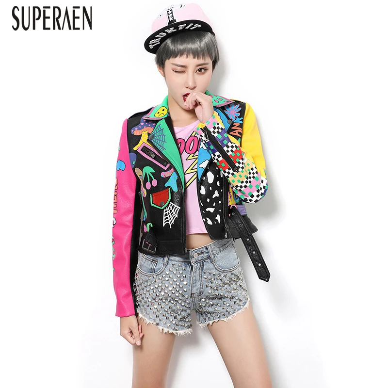 

SuperAen Fashion Casual Women Short Jacket Wild 2018 Spring New Fashion Jacket Jacket Print Leather Short Jacket Female