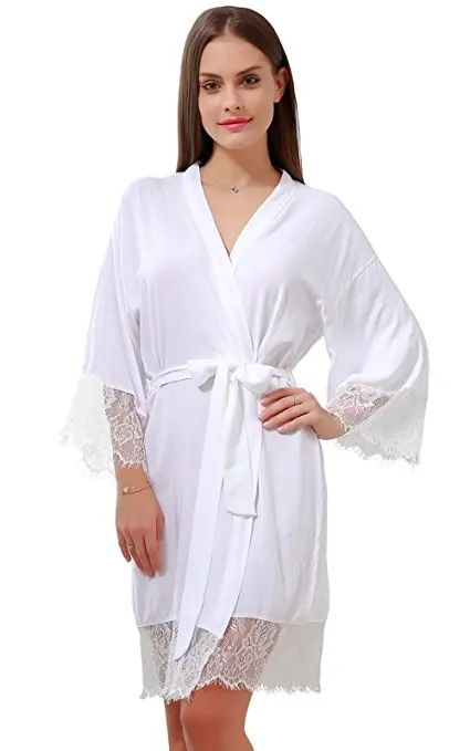 

Women's Cotton Kimono Robes Wedding Party Gifts for bride and Bridesmaid with Lace Tri