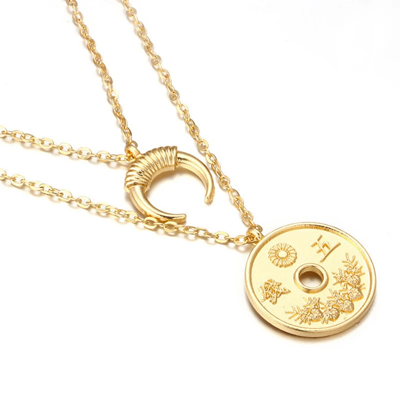 

Vintage Double Layer Moon Round Coin Pendant Necklace For Women Party Bohomian Gold Color Sequins Jewelry Medallion Choker Neck