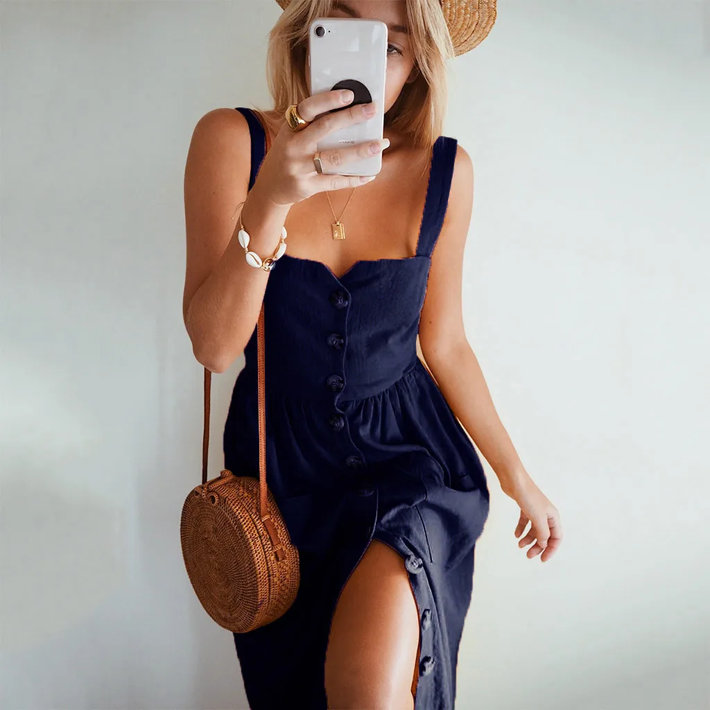 

Long Dress Women Summer 2020 Casual Strapless Backless Button Solid Cotton Linen Dress Ladies Empire Beach Sundress Vestidos 35#