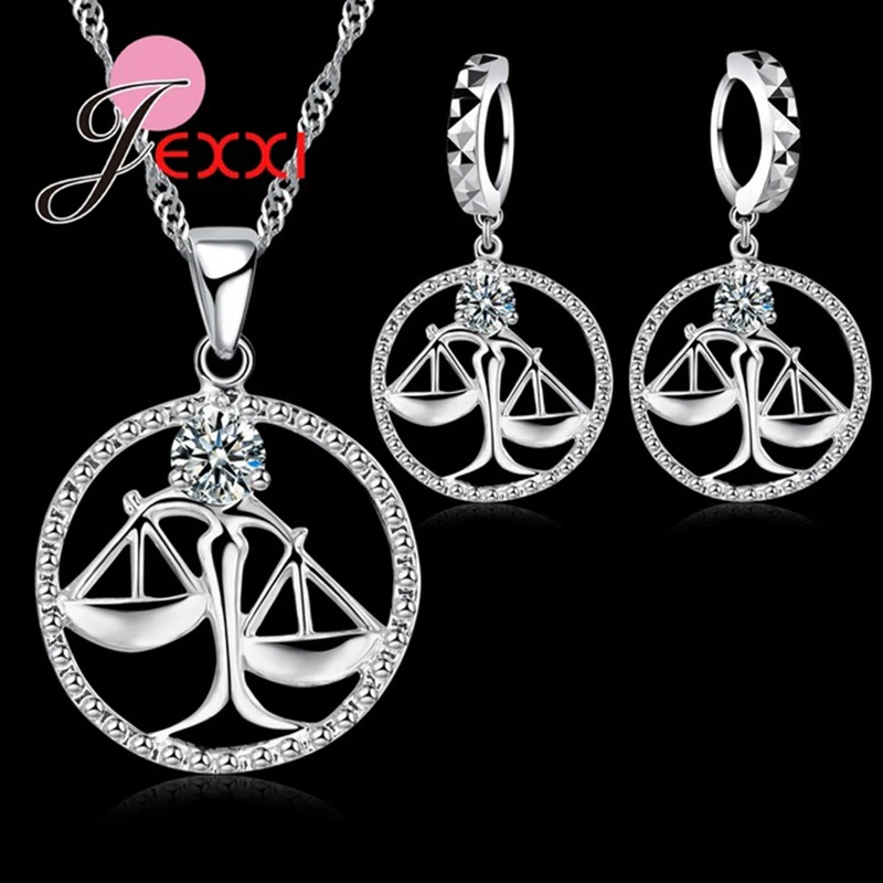 

Precious Fancy Libra Round Pendant Necklace Earrings With Clear Crystal 925 Sterling Silver Women Party Jewelry Sets