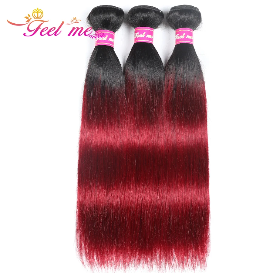 Feel Me Hair Straight Malaysian Hair Bundles Ombre Human Hair Extensions 1b/burgundy 3 Bundles red Hair Weave Non-remy