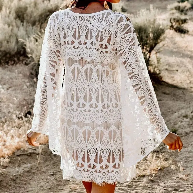 Beach Swimsuit for Women Sleeve Coverups Lace Bikini Cover up White Beach Swimsuit for Women Sleeve Coverups Lace Bikini Cover up White
