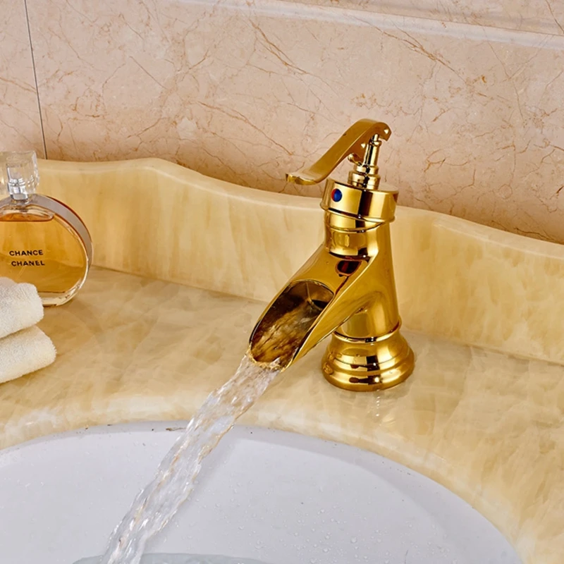 

Golden Waterfall Single Handle Hole Bathroom Basin Faucet Deck Mounted Mixer Tap