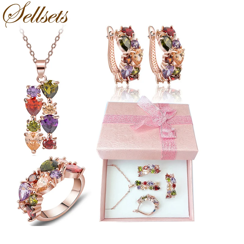 

Sellsets Free Shipping Ring Size 6-9 Rose Gold Color Multicolor Zircon Necklace Earring Set Cubic Zirconia Women Jewelry Sets