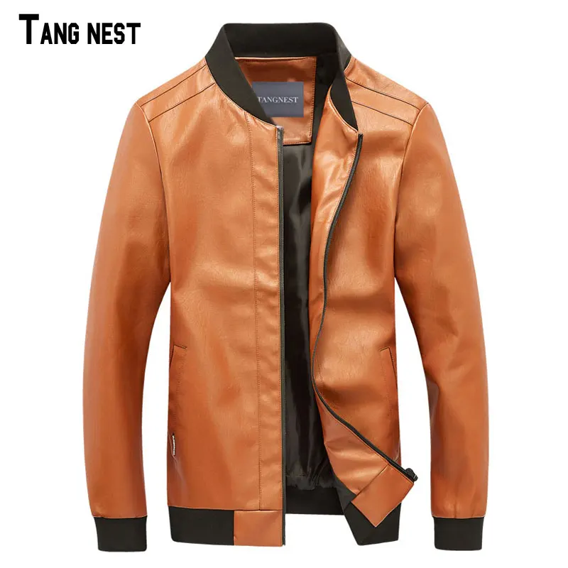 TANGNEST/Для мужчин PU Куртки Slim Fit Стенд воротник верхняя одежда из искусственной